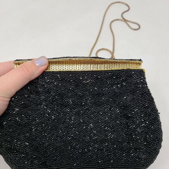 VINTAGE Carla Marchi Black Fully Beaded Clutch Evening Bag Gold Chain Gorgeous - Picture 4 of 8